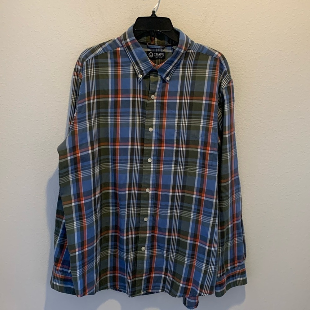 Chaps Mens Button Down. Nice Fall Colors. Blue Green Gray White&A Pop of Red! XL